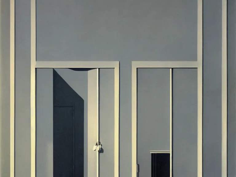 Image similar to endless buildings blending into doors painting by rene magritte, high detail, high resolution