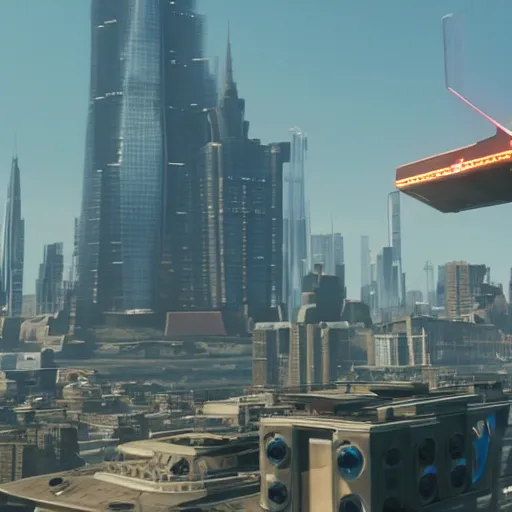 Image similar to a promotional movie still of a futuristic flying truck. the truck is hovering high in the air next to a tall impressive looking building. the truck looks like a food truck. fifth element ( 1 9 9 7 ), unreal engine 5, octane 3 d, render, imax 7 0 mm