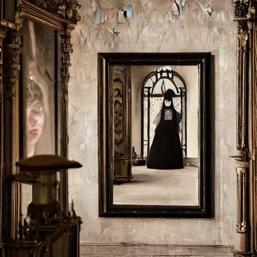 Prompt: a masterpiece painting of a beautiful victorian woman is frightened by her doppleganger in a mirror. she is in a long hallway of mirrors. elegant design, haunting atmosphere, dimly lit, gothic, horror style, realistic, low angle, 3 / 4 view.