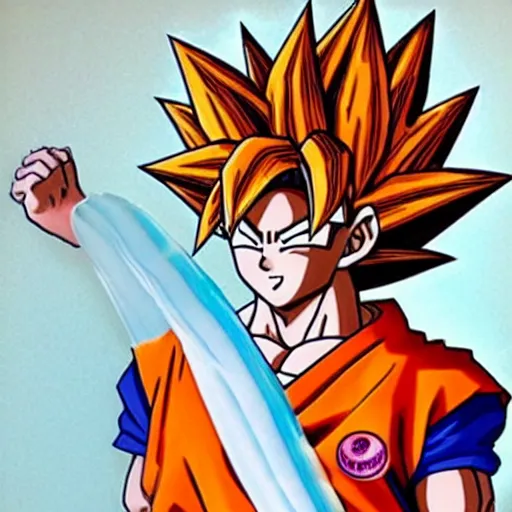 Image similar to goku with translucent, transparent, clear hair that is dressed up as a sushi in a sushi costume