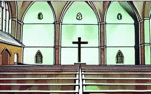 Prompt: an empty church, art by hayao miyazaki, studio ghibli film