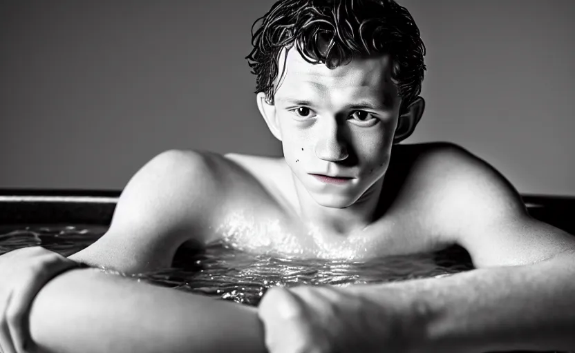 Prompt: photographic portrait by Andy Gotts of Tom Holland in a hot tub, closeup, foggy, sepia, moody, dream-like, sigma 85mm f/1.4, 15mm, 35mm, 4k, high resolution, 4k, 8k, hd, full color