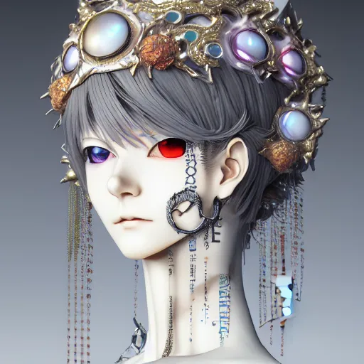 Prompt: prompt : photorealistic cinematic 3 d render of persona soft light painted by takato yamamoto, mecha accessories and trinkets, different small jewels around, inspired by ghost in shell anime, smooth face feature, intricate oil painting, high detail, sharp high detail, manga and anime 1 9 8 0