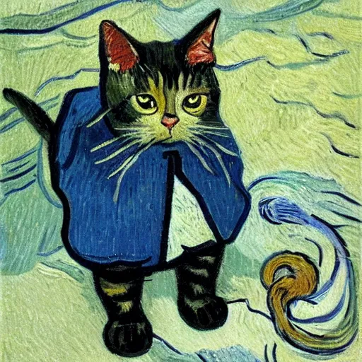 Image similar to a cute cat in a duffle coat, impressionist painting, painted by Van Gogh