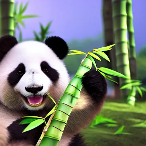 Image similar to cute fluffy panda eating bamboo, high quality 3 d pixar style render, unreal engine, detailed,