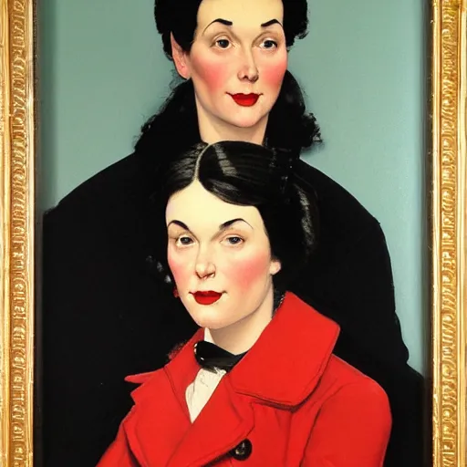 Prompt: Frontal portrait of a woman with porcelain skin, black hair and a red coat. Painting by Norman Rockwell.