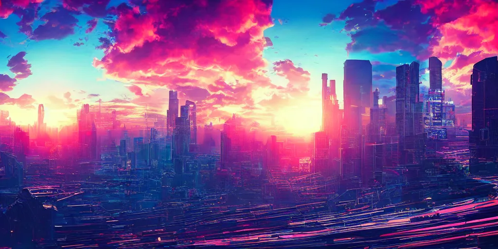 Prompt: the sun may rise in the east at least it's settled in a final location, cyberwave, neon, cinematic,