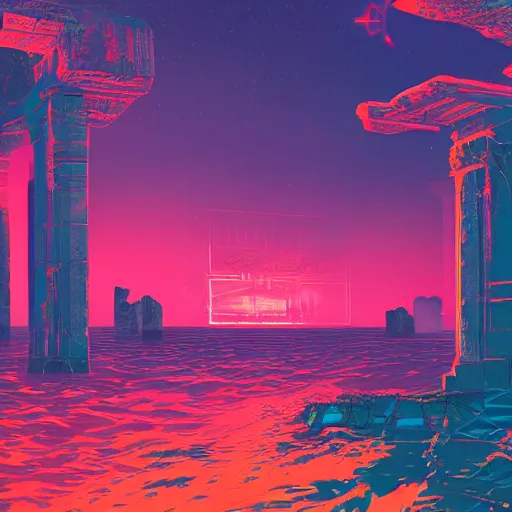 Image similar to neon ancient ruins in the sea, retrowave art,digital art,trending on art station