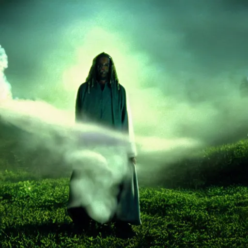 Prompt: snoop dogg as gandalf the white, exhaling a huge cloud of magical purple smoke in the vast and lush green fields! of the shire, Japanese CGI, VFX, 2003, 40mm lens, shallow depth of field, film photography, volumetric lighting