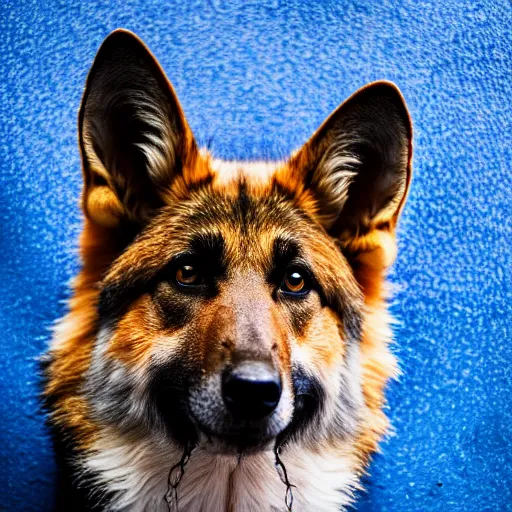 Image similar to 4 k high resolution, hdr photo of an animal hybrid of a german shepherd and a fox, with blue fur and blue eyes, award winning studio photography