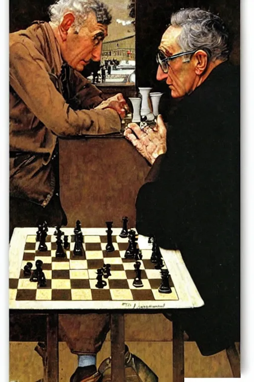 Image similar to franco battiato playing chess painted by norman rockwell