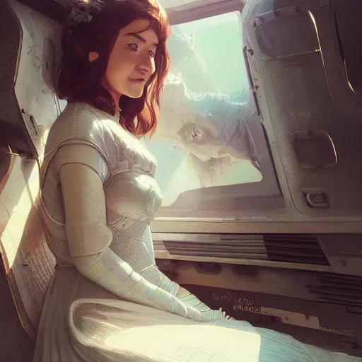 Image similar to woman sitting on a spaceship window, beautiful detailed dress, highly detailed face, smiling, by artgerm, by wlop, by greg rutkowski, octane render, digital art