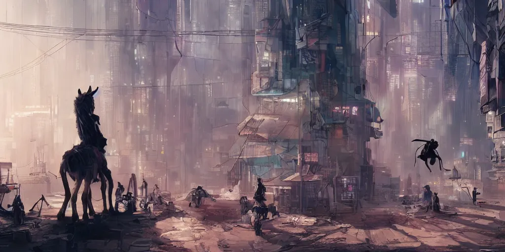 Image similar to donkey riding a swing in a a cyberpunk dystopian city at day, artstation