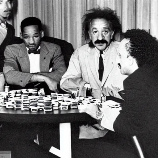 Prompt: Albert Einstein playing poker with will Smith