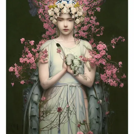 Image similar to breathtaking detailed concept art painting of the goddess of nemophila flowers, orthodox saint, with anxious, piercing eyes, ornate background, amalgamation of leaves and flowers, by Hsiao-Ron Cheng, James jean, Miho Hirano, Hayao Miyazaki, extremely moody lighting, 8K