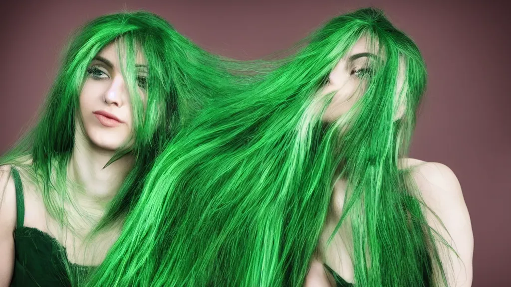 Prompt: beautiful woman playing with her very long green hair