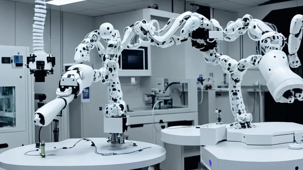 Image similar to a complex bifurcated robotic cnc surgical arm hybrid mri 3 d printer machine making black and white ceramic mutant forms in the laboratory inspection room, film still from the movie directed by denis villeneuve with art direction by salvador dali, wide lens