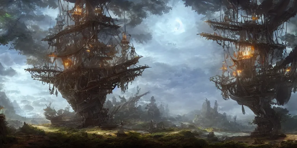 Image similar to A pirate ship stranded in the treetops of giant oaks, game art matte painting hyperdetailed, artstation, cgsociety, 8k, surreal dream landscape