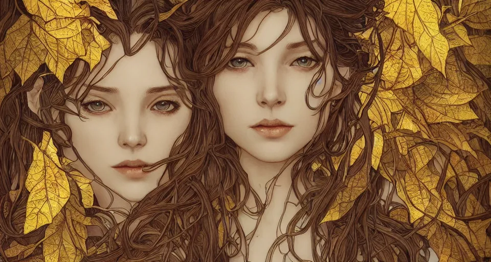 Prompt: golden leaves at frame border, creative!!! composition for a book cover!!!, absurdly beautiful, ultrafine hyperrealistic detailed old!! witch face by wlop and artgerm and alphonse mucha, intricate linework, sharp focus, smooth, octopath traveler, final fantasy, unreal engine, dramatic lighting, ethereal, 8 k