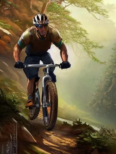 Image similar to handsome man riding a mountain bike in the wild. intricate, elegant, highly detailed, digital painting, artstation, cinematic shot, concept art, sharp focus, illustration, by justin gerard and artgerm, 8 k