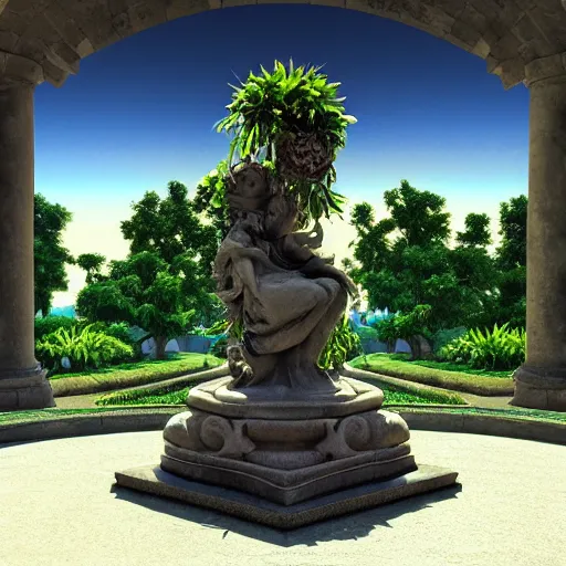 Prompt: baroque vaporwave statue, high detail, rendered in unreal engine, 3d render, god rays, volumetric lighting, award winning, vegetation, mark Ryden, oasis