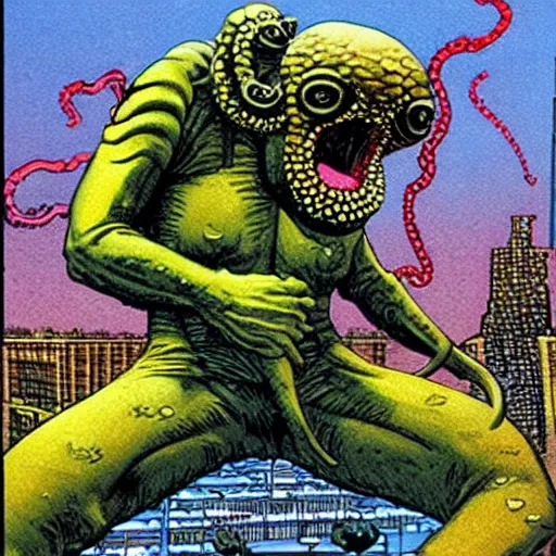 Prompt: giant alien octopus demon terrorising a city, art by Richard Corben