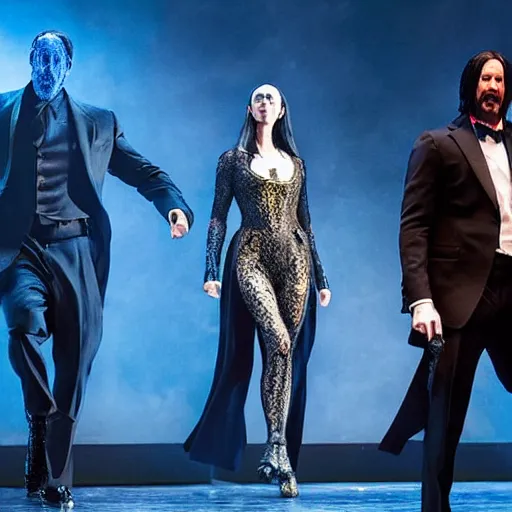 Image similar to Production photo of John Wick the musical on broadway, dancing, singing, fighting, John Wick costumes by Julie Taymor, set design by Julie Taymor