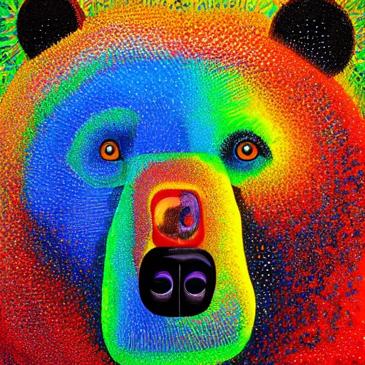 Prompt: a painting of a bear's face with red, yellow, and blue colors, a pointillism painting by mati klarwein, shutterstock contest winner, computer art, impressionism, digitally enhanced, painterly