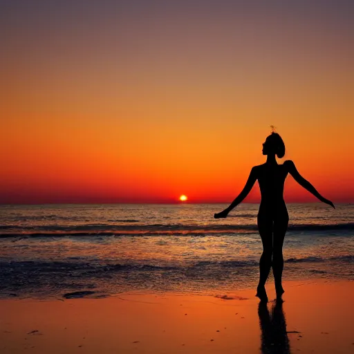 Image similar to silhouette of a dancer on the beach, sunset, photorealistic hd