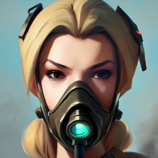 Image similar to mercy overwatch wearing a gas mask, 8 k resolution, highly detailed, intricate, very beautiful face, very detailed eyes, by greg rutkowski, wlop