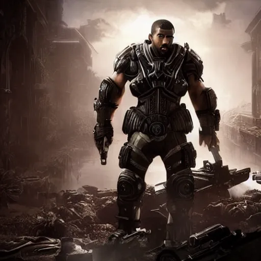 Image similar to kanye west as an centaur!!!! in gears of war, splash art, movie still, detailed face, photorealistic facial features, cinematic lighting, dramatic, octane render, long lens, shallow depth of field, bokeh, anamorphic lens flare, 8 k, hyper detailed, 3 5 mm film grain