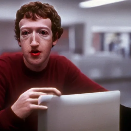 Image similar to Mark Zuckerberg as an evil supervillian in a movie, 1980s