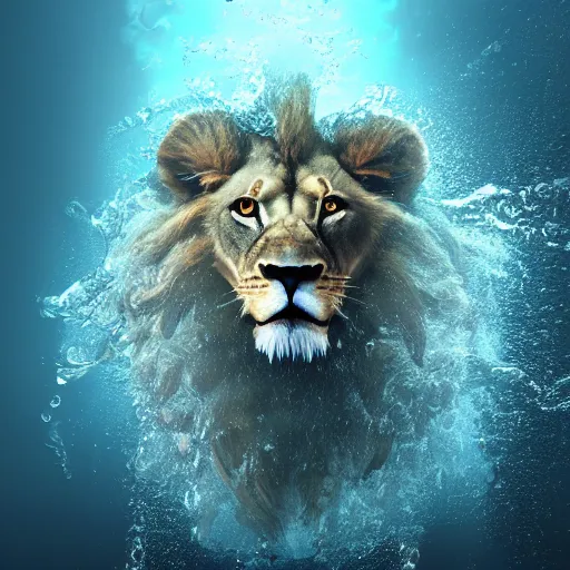 Prompt: a male lion's face breaching through a wall of water, headshot, water sprites, splashing, air bubbles, headshot, deep blue ocean, highly detailed, realistic digital art, trending on artstation