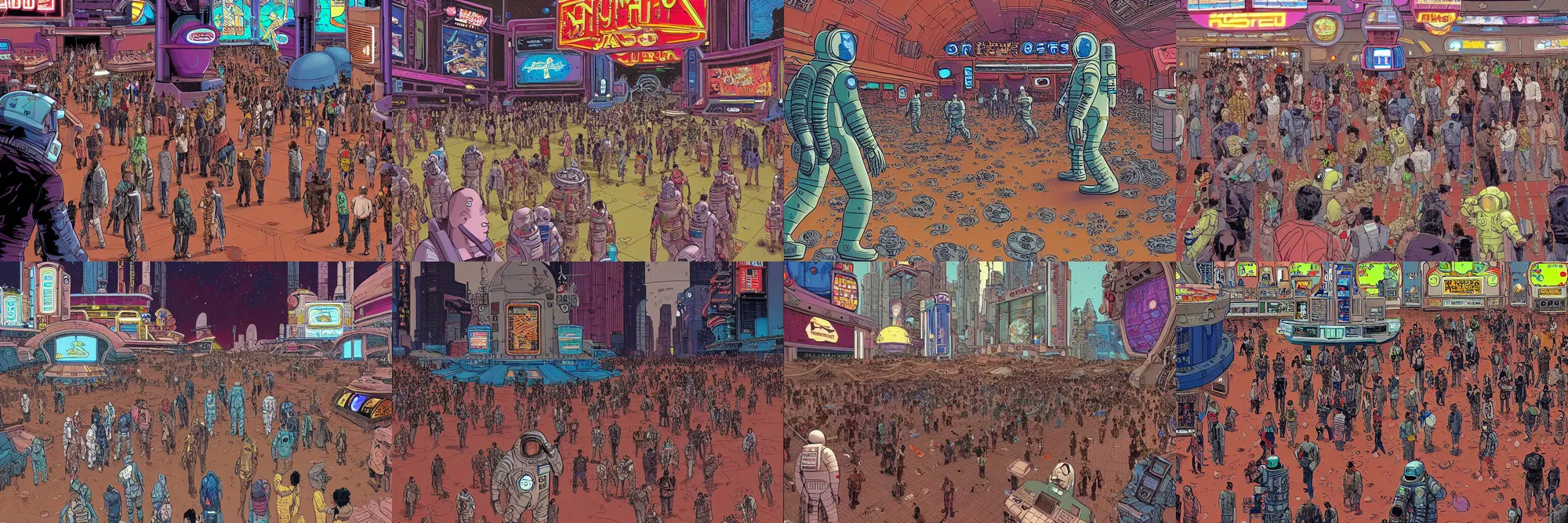 Prompt: an astronaut entering bustling cyberpunk casino on mars, filled with people, robots, cyborgs, aliens, by geof darrow