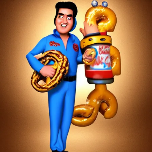 Image similar to elvis presley with pretzel!!!! legs, pixar character, stage background, pixar, 3 d,