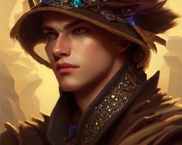 Image similar to a mind - blowing portrait of a young shadow mage male, wearing a vest with diamond pattern, joyful, d & d, fantasy, intricate, elegant, highly detailed, digital painting, artstation, concept art, matte, sharp, illustration, hearthstone, art by artgerm and greg rutkowski and alphonse mucha