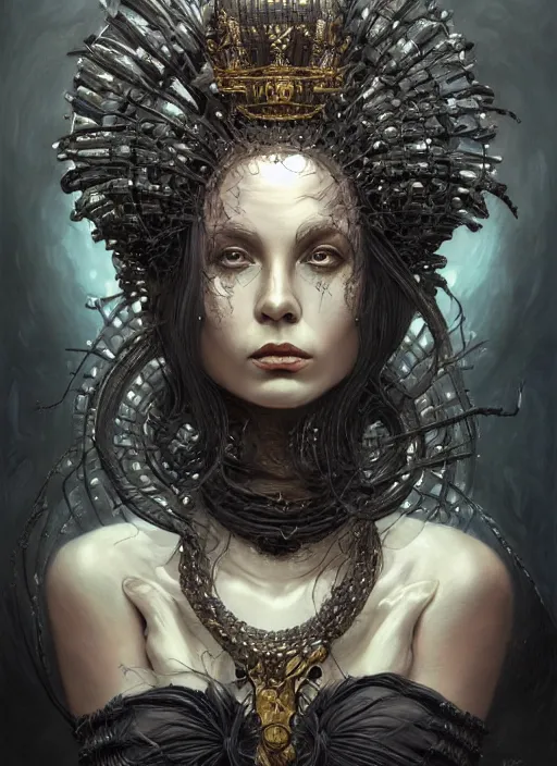 Image similar to full portrait of queen of the last hive, black metal shiny skin. intricate, elegant, highly detailed, centered, digital painting, artstation, concept art, smooth, sharp focus, illustration, artgerm, tomasz alen kopera, peter mohrbacher, donato giancola, joseph christian leyendecker, wlop, frank frazetta