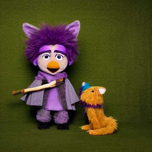 Image similar to foxfolk wizard druid as a fluffy chibi muppet plush wearing a wizard cloak and holding a staff made from a stick with an amethyst gemstone tied at the top, photorealistic, photography, national geographic, sesame street