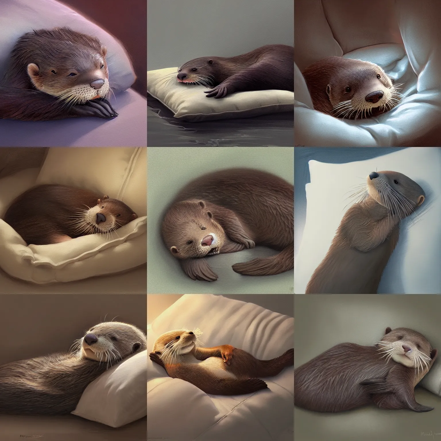 Prompt: a cute otter sleeping on a pillow. soft, atmospheric, warm lighting. highly detailed digital painting by mandy jurgens.