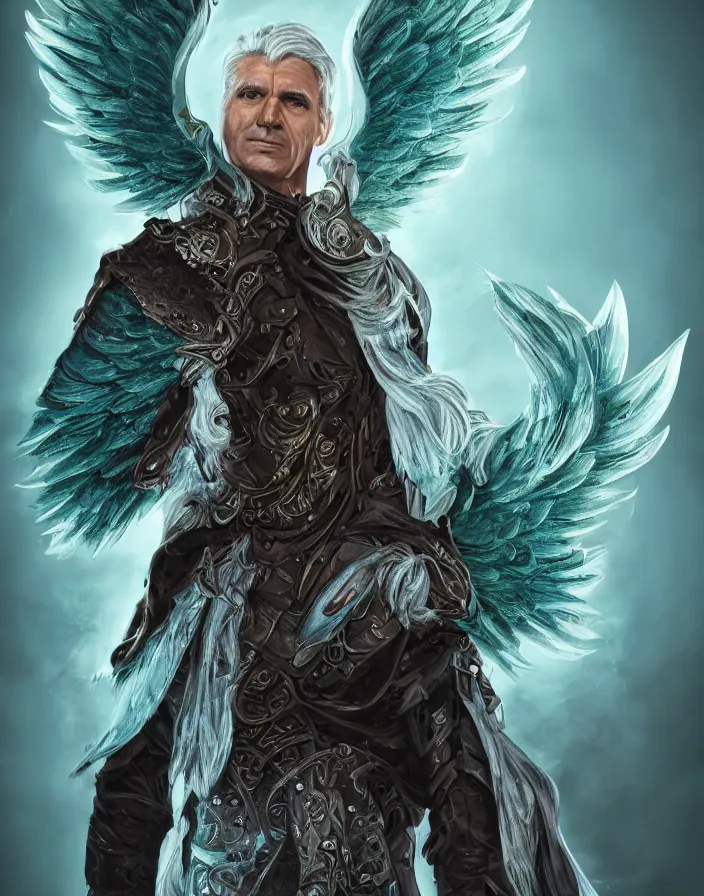Prompt: An epic fantastic realism comic book style portrait of a middle aged male aasimar hexblade warlock, massive angel wings, teal energy, silver hair, D&D Concept Art, unreal 5, DAZ, trending on deviantart hyperrealistic, octane render, cosplay, RPG portrait, dynamic lighting