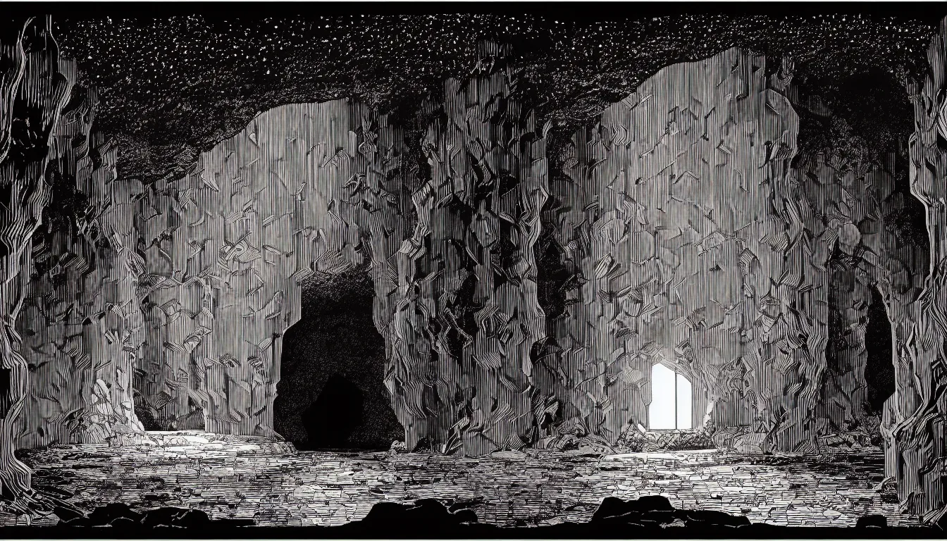 Image similar to cave by dan mumford and peter doig and edward hopper, symmetrical, minimal, black ink, thick lines highly detailed, muted colours 8 k