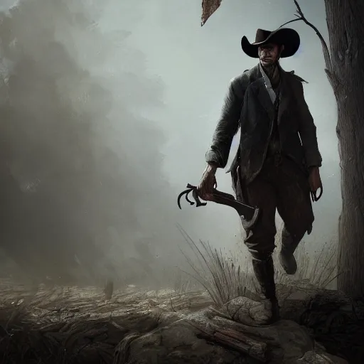 Image similar to a digital portrait of a human hunter from hunt showdown, holding a revolver, western era, hyper realistic, horror, back lighting, luisiana, in the style of greg rutkowski,