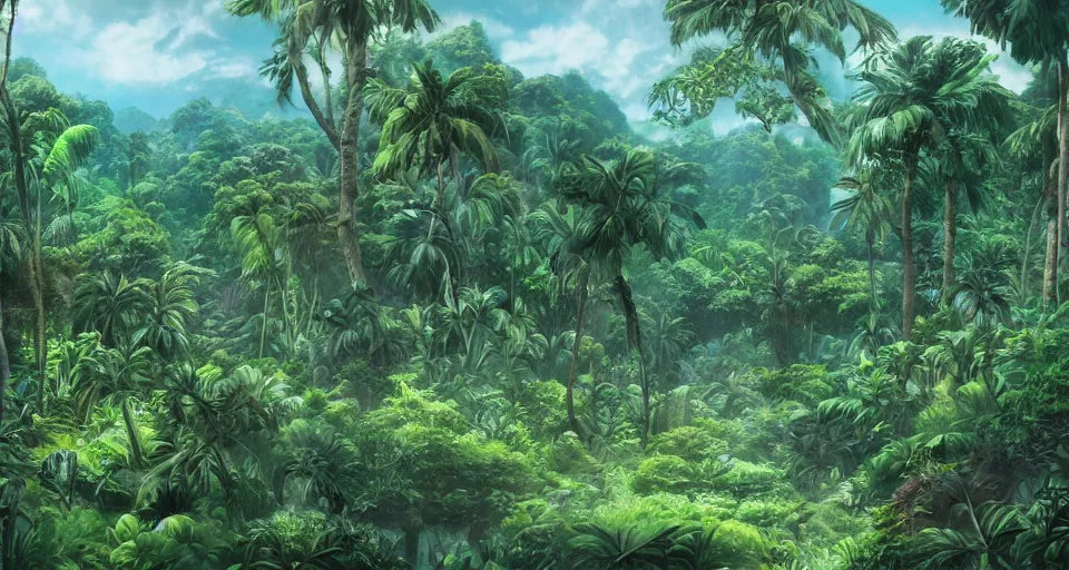 Prompt: a matte painting of a lush prehistoric jungle, TOEI animation background, sharp details, cinematic color grading