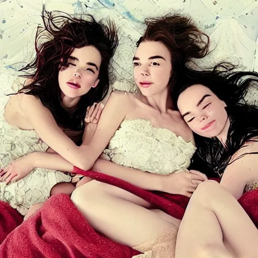Image similar to stunning vogue magazine photo of dark - haired goddesses vanessa kirby, hailee steinfeld, and bjork smiling, legs intertwined, laying back on the bed, with wet faces!!, wet lips, smooth skin, perfect eyes, insanely detailed, elegant, by wlop, rutkowski, livia prima, mucha, wlop
