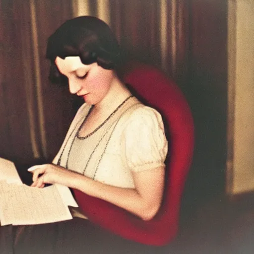 Prompt: a vintage 1 9 2 0 s kodachrome slide of a romantic academia aesthetic of a woman reading and writing.