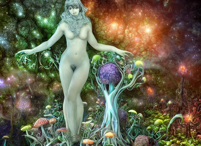 Image similar to glowing delicate flower and mushrooms that grow in a dark fatansy forest on the planet Pandora, an idealistic marble statue with fractal flowery hair in a fractal garden,