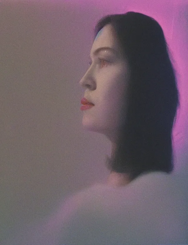 Prompt: woman watching tv screen in dark room, side view, blue rays, redshift, wide shot, coloured polaroid photograph, pastel, kodak film, hyper real, stunning moody cinematography, by maripol, fallen angels by wong kar - wai, style of suspiria and neon demon, david hockney, detailed, oil on canvas