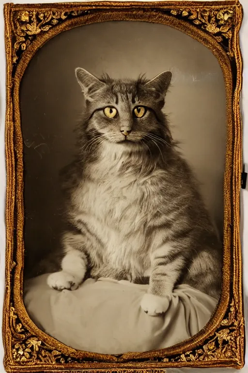 Image similar to a ambrotype portrait of a royal cat, outrageously fluffy, on an embroidered velvet cushion on a neo - rococo gilded little bed, photorealistic, photography, wide shot