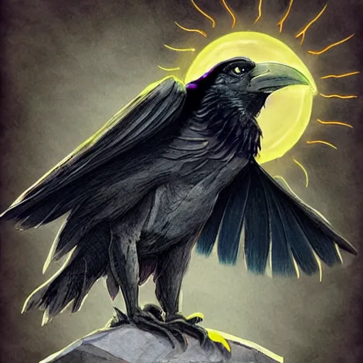 Prompt: An anthropomorphic raven wearing frayed yellow robes while worshipping a solar eclipse. Character art. D&D. No mans land.