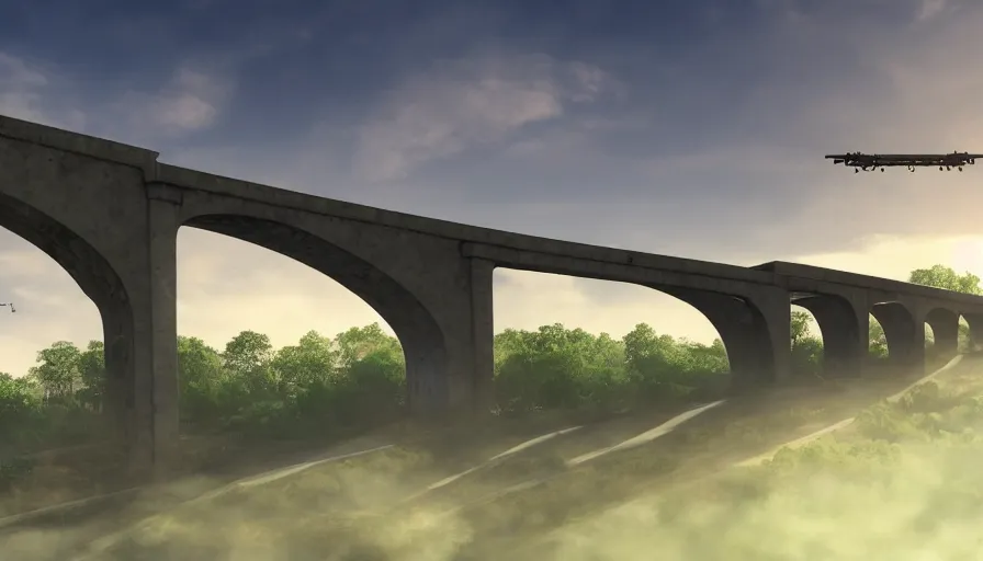 Image similar to futuristic train driving over futuristic aqueduct, green hills, matte painting, artstation, sunrise, blue sky, drone view